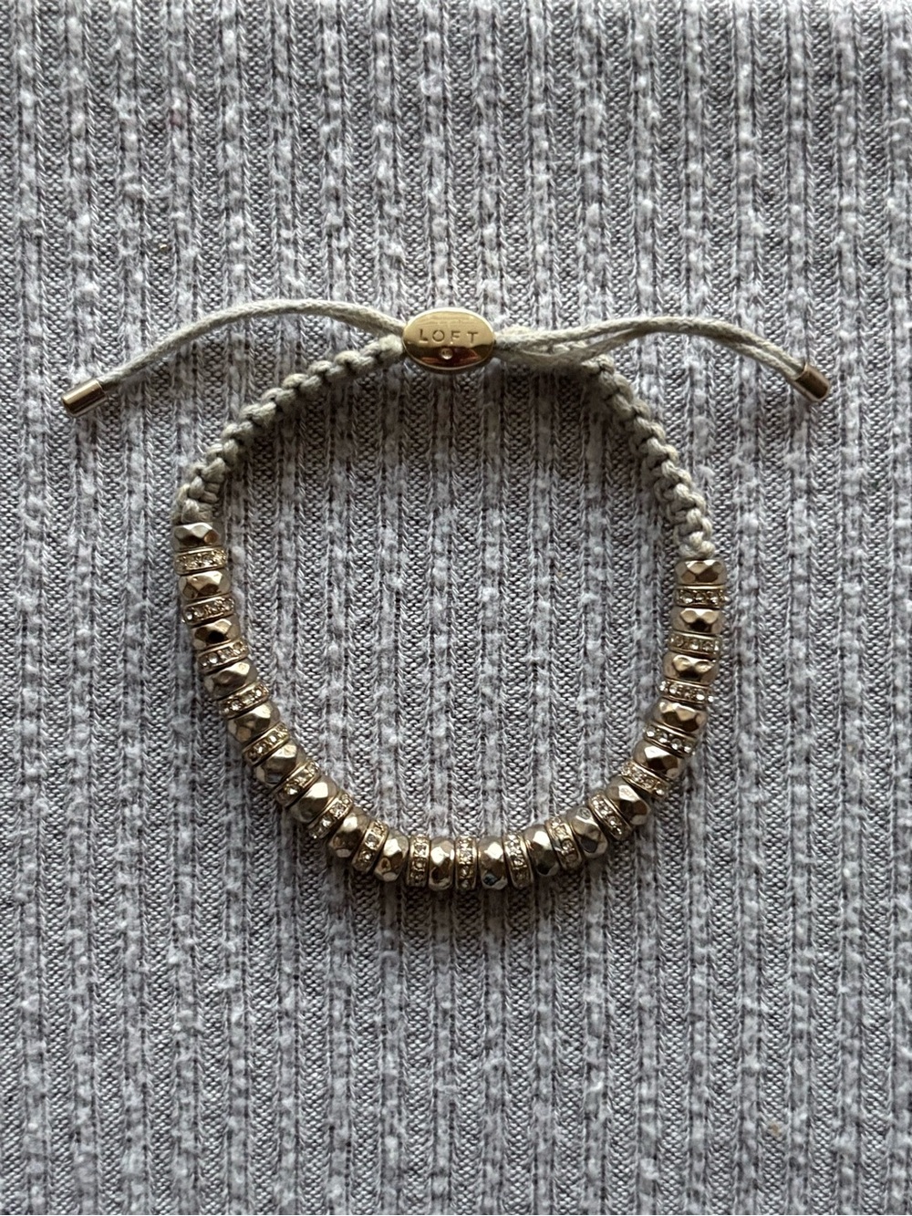 Vintage LOFT signed gold tone beaded gray cord adjustable bracelet